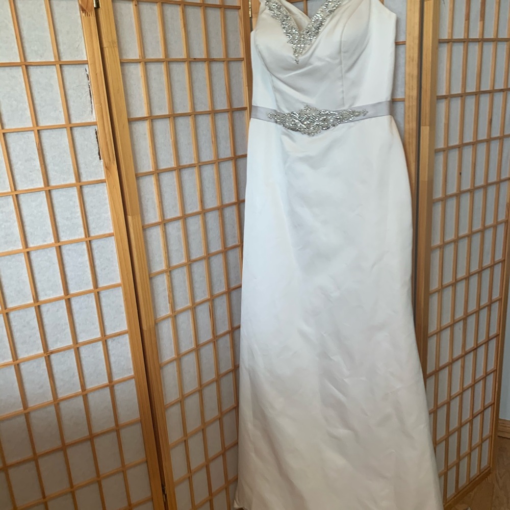 Alfred Angelo off shoulder satin wedding gown